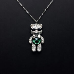 Wholesale Crystal Bear Necklace with pink Swarovski element crystals on platinum plated brass from JuneJewelry.com.