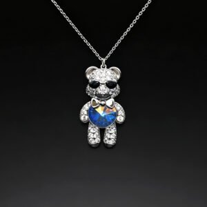 Wholesale Crystal Bear Necklace with pink Swarovski element crystals on platinum plated brass from JuneJewelry.com.