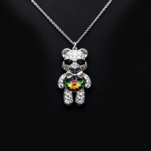 Wholesale Crystal Bear Necklace with pink Swarovski element crystals on platinum plated brass from JuneJewelry.com.