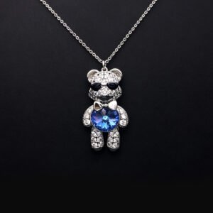 Wholesale Crystal Bear Necklace with pink Swarovski element crystals on platinum plated brass from JuneJewelry.com.