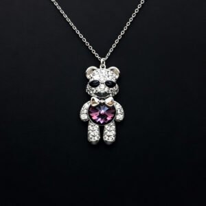 Wholesale Crystal Bear Necklace with pink Swarovski element crystals on platinum plated brass from JuneJewelry.com.