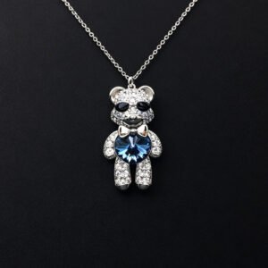 Wholesale Crystal Bear Necklace with pink Swarovski element crystals on platinum plated brass from JuneJewelry.com.