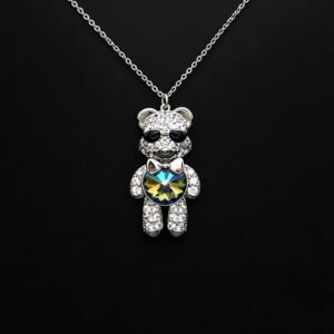 Wholesale Crystal Bear Necklace with pink Swarovski element crystals on platinum plated brass from JuneJewelry.com.