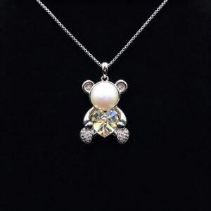 Wholesale Heart Bear Necklace with a crystal heart and pearl on platinum plated brass from JuneJewelry.com.