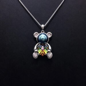 Wholesale Heart Bear Necklace with a crystal heart and pearl on platinum plated brass from JuneJewelry.com.