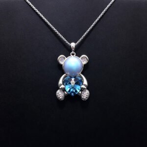Wholesale Heart Bear Necklace with a crystal heart and pearl on platinum plated brass from JuneJewelry.com.