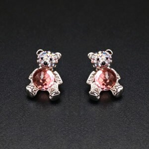 Wholesale Crystal Bear Earrings with pink Swarovski element crystals on platinum plated brass from JuneJewelry.com – cute fashion jewelry for bulk orders.