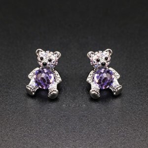 Wholesale Crystal Bear Earrings with pink Swarovski element crystals on platinum plated brass from JuneJewelry.com – cute fashion jewelry for bulk orders.