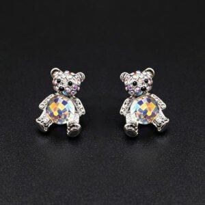 Wholesale Crystal Bear Earrings with pink Swarovski element crystals on platinum plated brass from JuneJewelry.com – cute fashion jewelry for bulk orders.