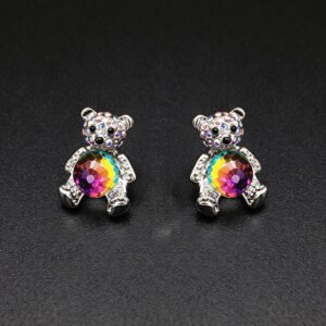 Wholesale Crystal Bear Earrings with pink Swarovski element crystals on platinum plated brass from JuneJewelry.com – cute fashion jewelry for bulk orders.