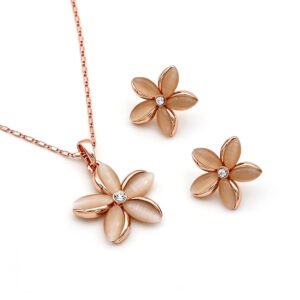 Wholesale Floral Cat Eye Set featuring five-petal flower pendants and studs on rose gold plated zinc alloy from JuneJewelry.com.