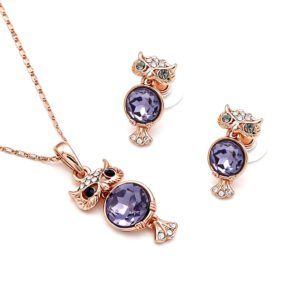 Wholesale Owl Jewelry Set with purple crystals on real gold plated zinc alloy from JuneJewelry.com.