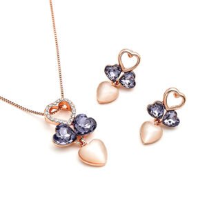 Wholesale Heart Jewelry Set featuring purple crystals and opal hearts on rose gold plated zinc alloy from JuneJewelry.com.