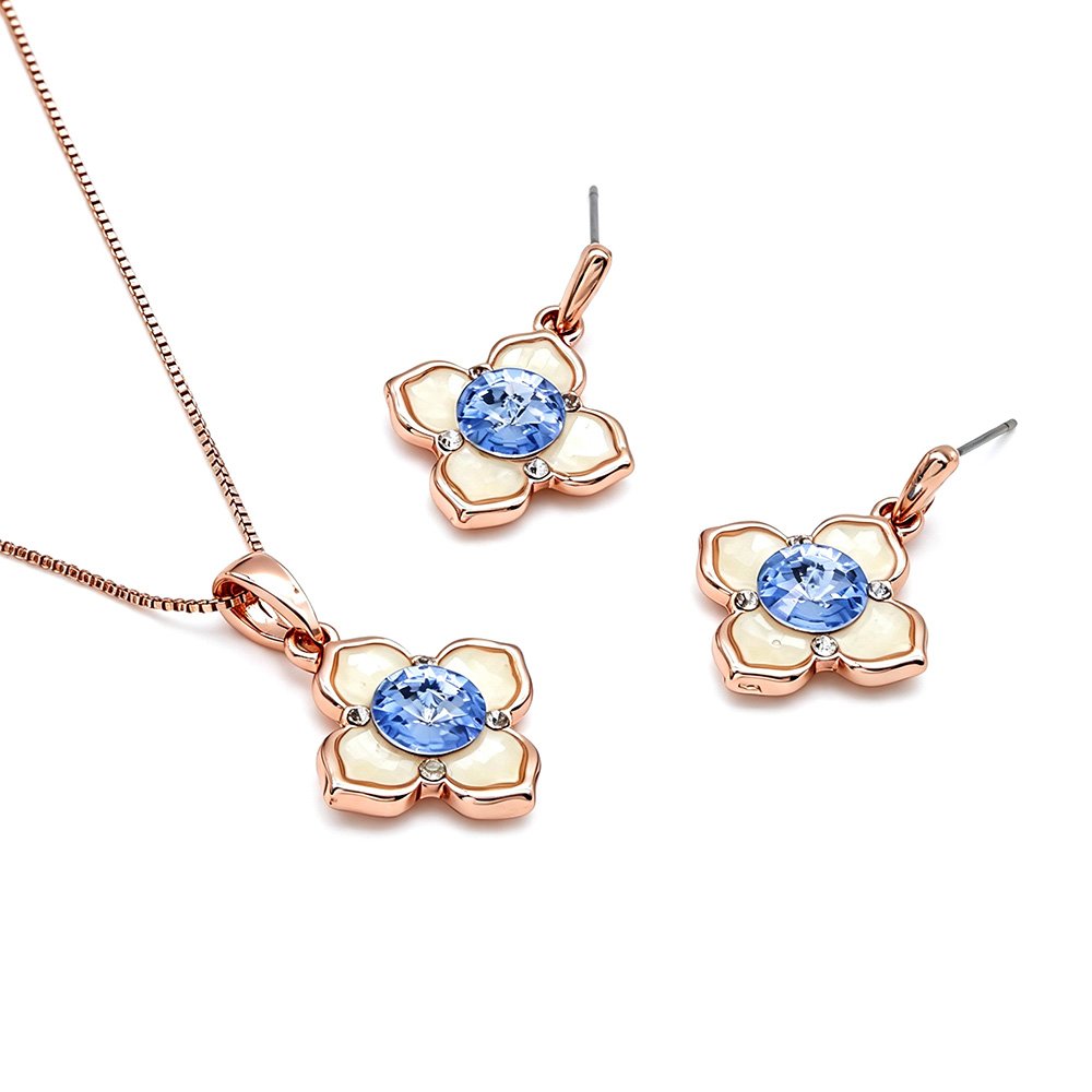 K200036A-001.88.A Wholesale Blue Jewelry Set featuring blue crystal flowers and teardrop accents on rose gold plated zinc alloy from JuneJewelry.com.