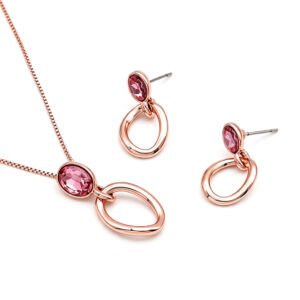 Wholesale Pink Jewelry Set featuring pink heart crystals on rose gold plated zinc alloy from JuneJewelry.com.