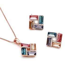Wholesale Geometric Jewelry Set featuring colorful baguette crystals on rose gold plated zinc alloy from JuneJewelry.com.