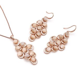 Wholesale Cluster Cat Eye Set featuring multi-stone cascading pendants on rose gold plated zinc alloy from JuneJewelry.com.