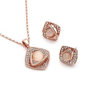 Wholesale Floral Cat Eye Set featuring white flower stones on rose gold plated zinc alloy from JuneJewelry.com.