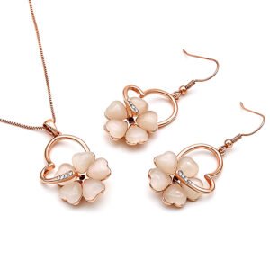 Wholesale Heart Floral Jewelry Set featuring heart frame cat eye flowers on rose gold plated zinc alloy from JuneJewelry.com.