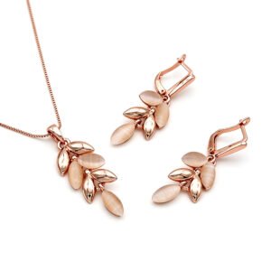 Wholesale Foliage Cat Eye Set featuring leaf charms and marquise stones on rose gold zinc alloy from JuneJewelry.com.