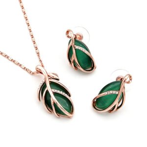 Wholesale Green Leaf Set featuring emerald stones and crystals on rose gold zinc alloy from JuneJewelry.com.