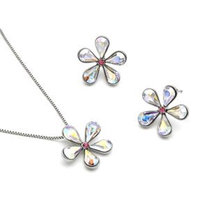 Wholesale Crystal Flower Set with iridescent petals on platinum plated zinc alloy from JuneJewelry.com.