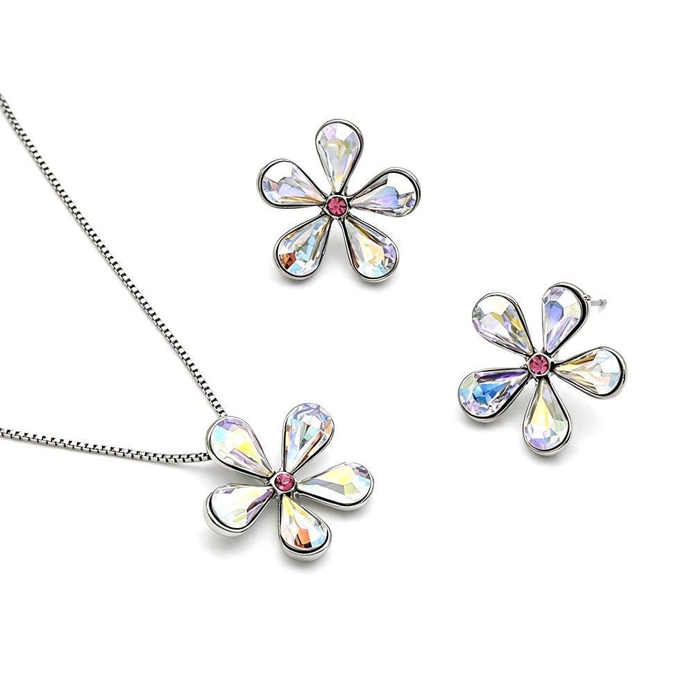 K300578A-001.118.A Wholesale Crystal Flower Set with iridescent petals on platinum plated zinc alloy from JuneJewelry.com.