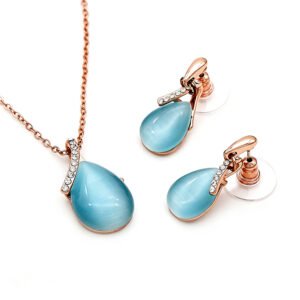 Wholesale Teardrop Jewelry Set featuring blue cat eye stones on rose gold plated zinc alloy from JuneJewelry.com.