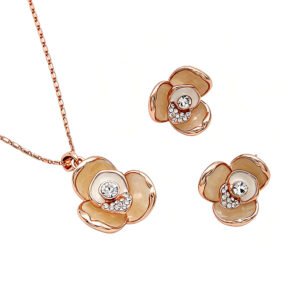 Wholesale camellia jewelry set with rose gold plated zinc alloy and enamel finish from JuneJewelry.com – cheap factory price accessories for bulk order.