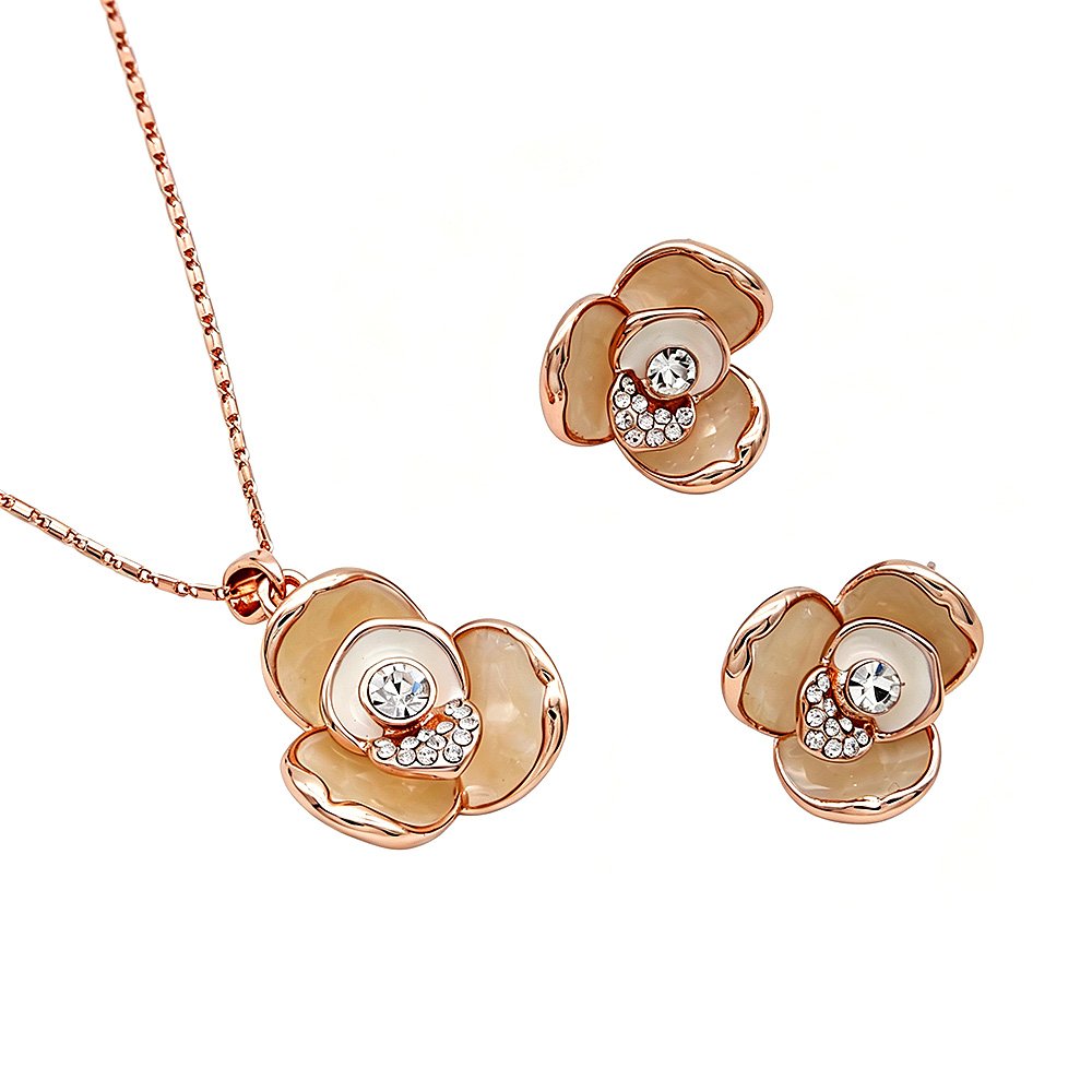 Wholesale camellia jewelry set with rose gold plated zinc alloy and enamel finish from JuneJewelry.com – cheap factory price accessories for bulk order.