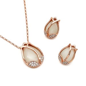 Wholesale Tulip Cat Eye Set featuring tulip bud stones and crystals on rose gold zinc alloy from JuneJewelry.com.