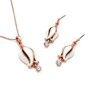 Wholesale tulip enamel jewelry set with rose gold plated zinc alloy and dangling crystal from JuneJewelry.com – cheap factory price set for bulk buy.