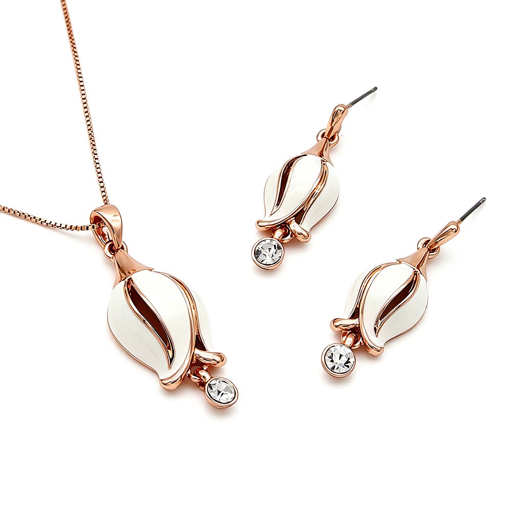 Wholesale tulip enamel jewelry set with rose gold plated zinc alloy and dangling crystal from JuneJewelry.com – cheap factory price set for bulk buy.