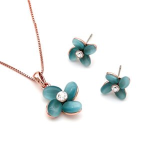 Wholesale opal floral jewelry set with rose gold plated zinc alloy and cat eye stones from JuneJewelry.com – cheap factory price set for bulk buy.
