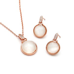 Wholesale Round Cat Eye Set featuring white cabochon stones on rose gold plated zinc alloy from JuneJewelry.com.