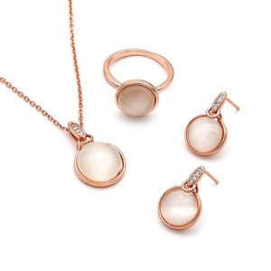 Wholesale Round Cat Eye Set featuring white cabochon stones on rose gold plated zinc alloy from JuneJewelry.com.