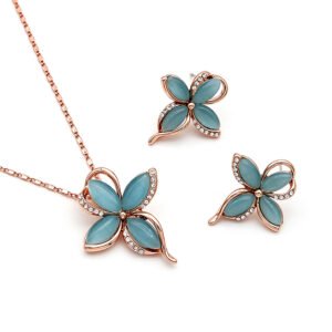 Wholesale cat eye jewelry set with rose gold plated zinc alloy and four-leaf flower design from JuneJewelry.com – cheap factory price accessories for bulk order.