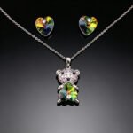 Wholesale bear jewelry set made of white gold plated copper with rainbow heart Swarovski element crystals from JuneJewelry.com.