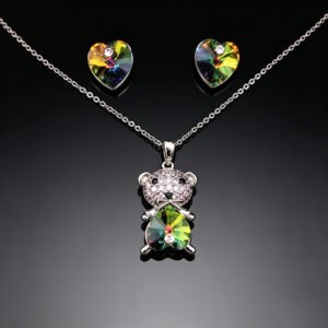 Wholesale bear jewelry set made of white gold plated copper with rainbow heart Swarovski element crystals from JuneJewelry.com.