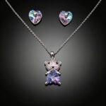 Wholesale bear jewelry set made of white gold plated copper with rainbow heart Swarovski element crystals from JuneJewelry.com.