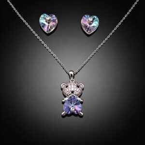 Wholesale bear jewelry set made of white gold plated copper with rainbow heart Swarovski element crystals from JuneJewelry.com.