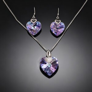 Wholesale geometric jewelry set made of white gold plated copper with purple and gold Swarovski element crystals from JuneJewelry.com.