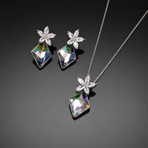 Wholesale crystal jewelry set made of white gold plated copper with floral details and geometric Swarovski element crystals from JuneJewelry.com.