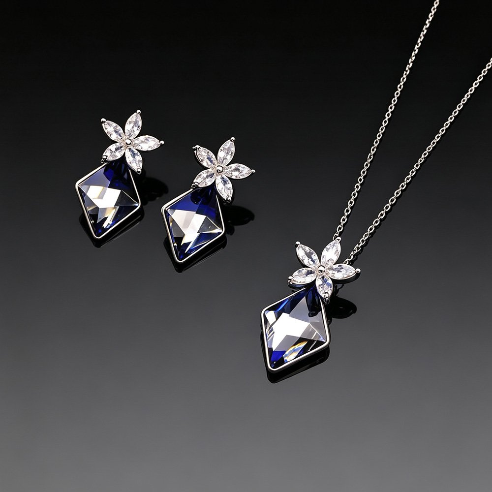 1302974-1103348A181.269.A Wholesale crystal jewelry set made of white gold plated copper with floral details and geometric Swarovski element crystals from JuneJewelry.com.