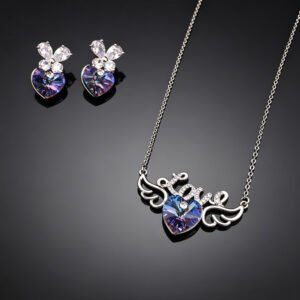 Wholesale butterfly jewelry set made of white gold plated copper with purple and golden Swarovski element crystals from JuneJewelry.com.