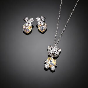 Wholesale bear jewelry set made of white gold plated copper with yellow heart Swarovski element crystals from JuneJewelry.com.