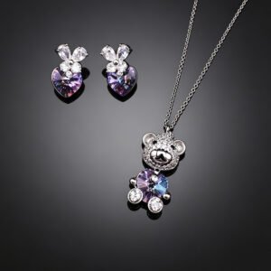 Wholesale bear jewelry set made of white gold plated copper with yellow heart Swarovski element crystals from JuneJewelry.com.