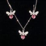Wholesale bee jewelry set made of white gold plated copper with pink heart Swarovski element crystals from JuneJewelry.com.