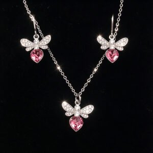 Wholesale bee jewelry set made of white gold plated copper with pink heart Swarovski element crystals from JuneJewelry.com.