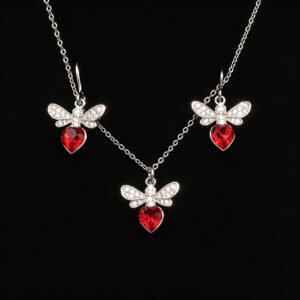 Wholesale bee jewelry set made of white gold plated copper with pink heart Swarovski element crystals from JuneJewelry.com.